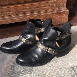 Women’s Elliot Lucca Gold Black Cutout Buckle Leather Ankle Boots